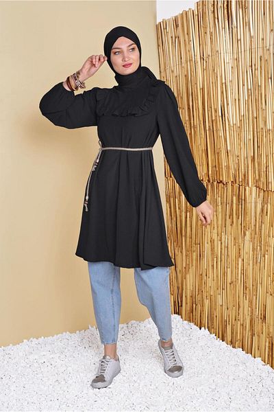 TRENDTESETTÜR Women's Black Wicker Belted Flounce Tunic - 0281