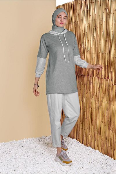 TRENDTESETTÜR Women's Gray 2-Color Hooded Tunic 071