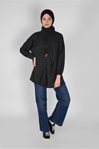 TRENDTESETTÜR Women's Black Gathered Casual Tunic 14012