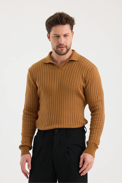 Genel Markalar Erkek Polo Yaka Fitilli Triko Kazak