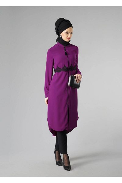 TRENDTESETTÜR Women's Purple (BEGONVİL) Lace Detailed Zippered Tunic 4790
