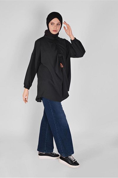 TRENDTESETTÜR Women's Black Gathered Casual Tunic 14012