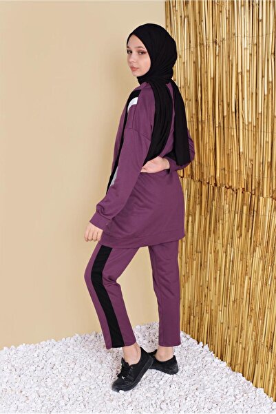 TRENDTESETTÜR Women's Plum Stripe Detailed Trousers Tracksuit Set 8256