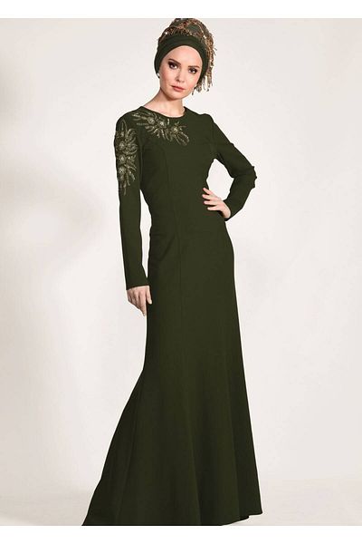 TRENDTESETTÜR Women's Khaki Bead Embroidered Evening Dress T 5399