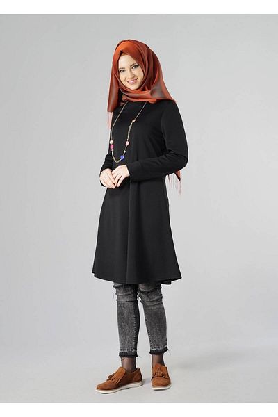 TRENDTESETTÜR Women's Black Basic Crew Neck Tunic 4810-2