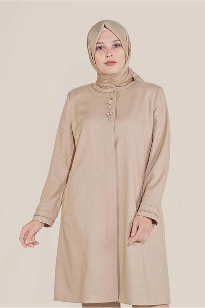 TRENDTESETTÜR Γυναικεία καφέ (CAMEL) Κεντημένη καμπαρντίνα με λαιμόκοψη 10232