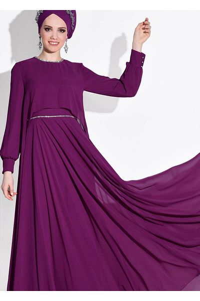 TRENDTESETTÜR Βραδινό φόρεμα σιφόν με μωβ πέτρινη ρίγα - BEGONIA 5322