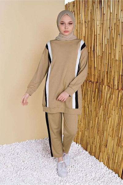 TRENDTESETTÜR Σετ γυναικεία φόρμα και παντελόνι CAMEL σε χρώμα καφέ με λεπτομέρεια ρίγες - 8256