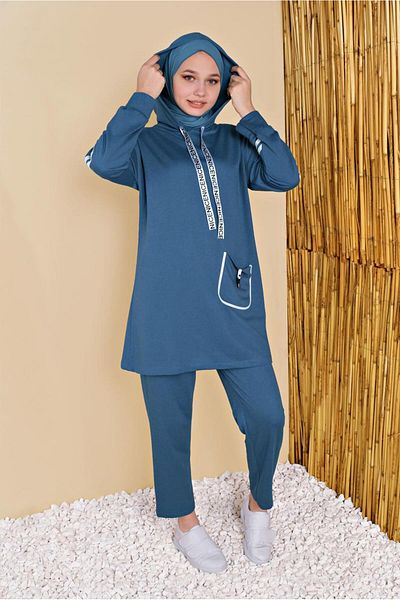 TRENDTESETTÜR Γυναικεία φόρμα με ριγέ μπλέ Navy (INDIGO) με κουκούλα και διπλό παντελόνι 4056