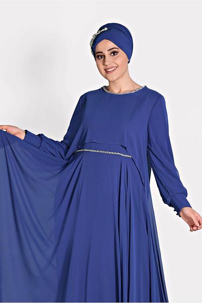 TRENDTESETTÜR Women's Navy Blue (SAKS) T 5323 New Multi Chiffon 2-Piece DressEvening Dress