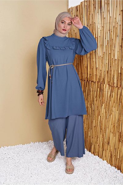 TRENDTESETTÜR Γυναικείο τουνίκ Navy Blue Indigo Straw Belted Flounced 0281