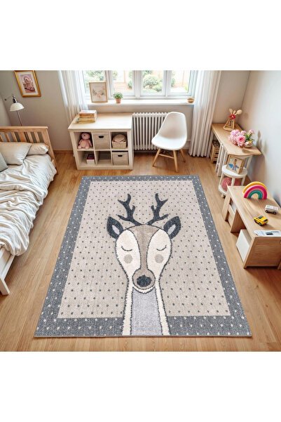 Rugs Modern Halı Asya Koleksiyonu Gri Bej Puantiye Desenli Sevimli Geyik Doku...