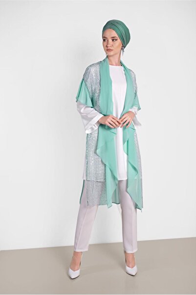 TRENDTESETTÜR Women's Green (MINT) Sequined Mesh Detailed Chiffon Vest 4314