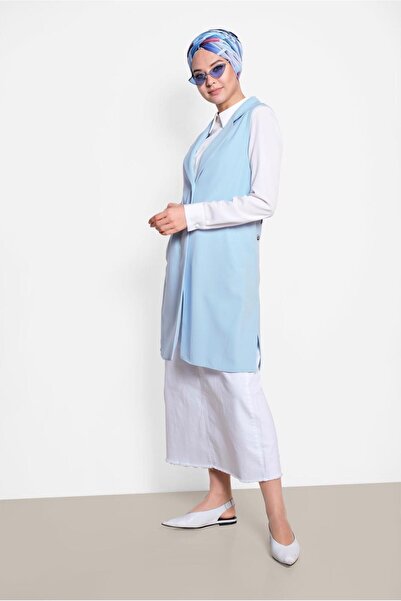 TRENDTESETTÜR Women's Blue (ICE BLUE) Side Slit Front Buttoned Vest 4185