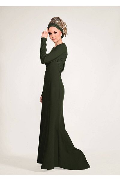 TRENDTESETTÜR Women's Khaki Bead Embroidered Evening Dress T 5399