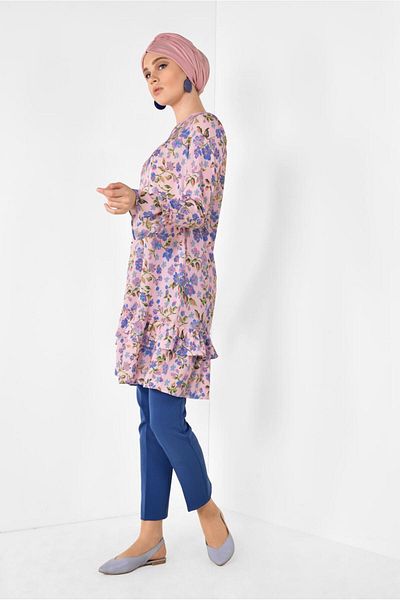 TRENDTESETTÜR Women's Pink Skirt and Ruffle Sleeve Tunic 4971