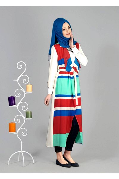 TRENDTESETTÜR Women's Red (RED-GREEN) Colored Striped Jacket 4952