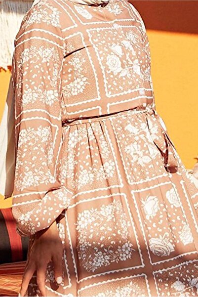 TRENDTESETTÜR Women's Brown (CAMEL) Belted Round Neck Floral Patterned Dress640000