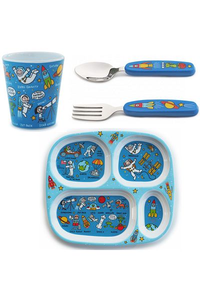 Tyrrell Katz Melamine Compartmented Fork Spoon Set - Plate and Drinking Cup, Space