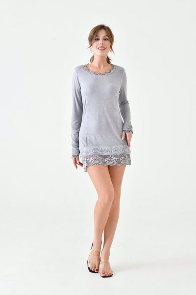 MAMAYAGA Women's Viscose Lace Detailed Long Sleeve Curve Sports Stylish Blouse Tunic