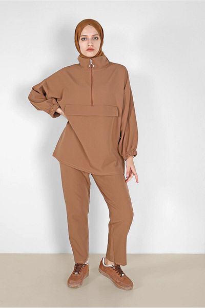 TRENDTESETTÜR Γυναικείο καφέ (CAMEL) Παντελόνι με ελαστικό φερμουάρ με διπλό παντελόνι. Ο ομιλός 6020