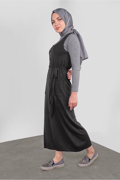 TRENDTESETTÜR Γυναικείο πλεκτό γκρι (GREY-MELANJ) με ζώνη μέσης και κουμπιά Gilet 41037