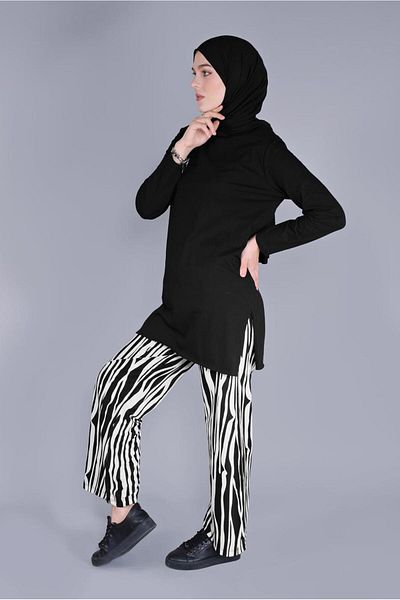 TRENDTESETTÜR Γυναικείο Μαύρο (ΜΑΥΡΟ-ΚΡΕΜ) Σετ Παντελόνι με σχέδιο Zebra 7866