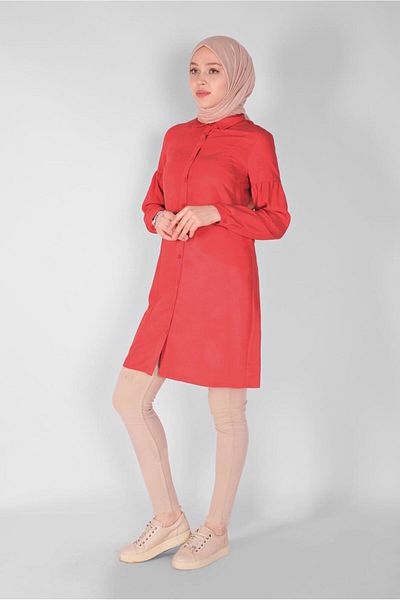 TRENDTESETTÜR Women's Red (POMEGRANATE) Front Buttoned Men's Collar Tunic 4065