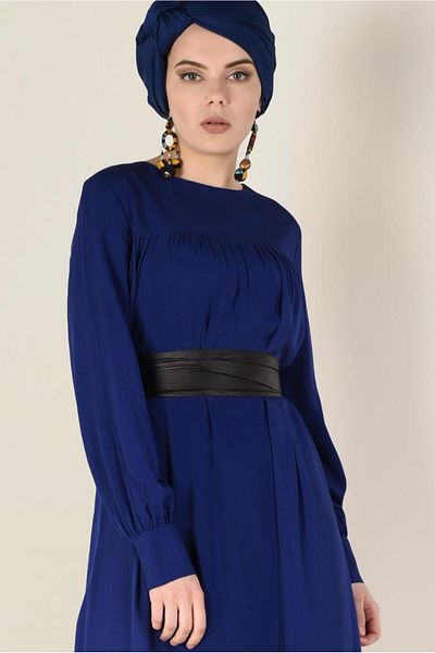 TRENDTESETTÜR Γυναικείο φόρεμα Navy Blue (SAKS) με δερμάτινο ζωνάκι 4406