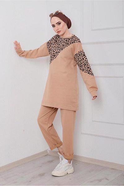 TRENDTESETTÜR Γυναικείο σετ δύο παντελονιών CAMEL Brown Leopard Pattern - 6386
