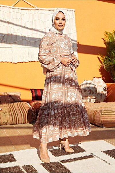 TRENDTESETTÜR Women's Brown (CAMEL) Belted Round Neck Floral Patterned Dress640000