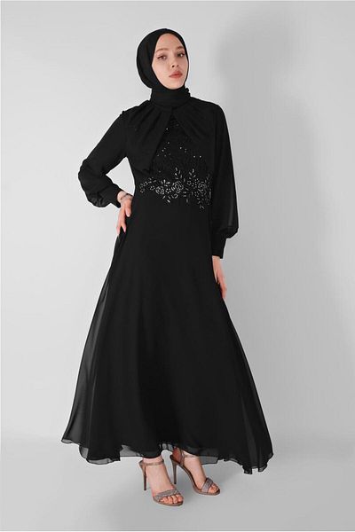 TRENDTESETTÜR Women's Black Sequin Embroidered Chiffon Evening Dress 58725