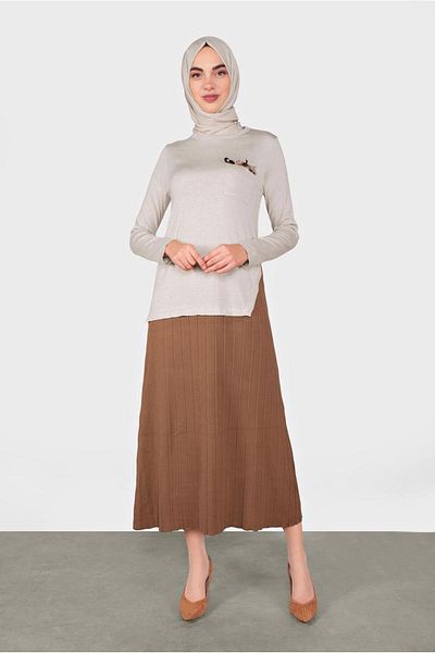 TRENDTESETTÜR Γυναικεία Μπεζ (STONE) Φούστα Πλισέ Φόρεμα Δίχρωμο Πλεκτό 41035