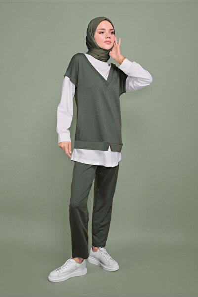 TRENDTESETTÜR Women's Khaki Double Look Detailed Trousers Suit 4066