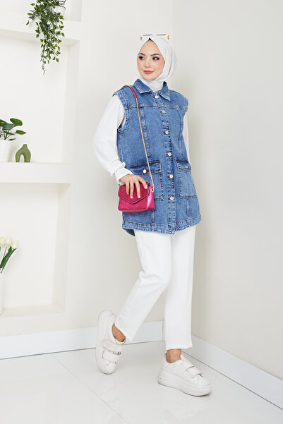 Pamuk Butik Γυναικείο τζιν γιλέκο μπλε τζιν με τσέπες