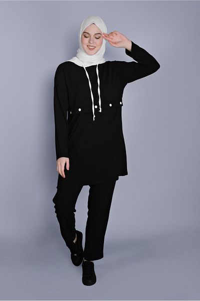 TRENDTESETTÜR Women's Black Hoodie and Lace-Up Pants Set - 9366
