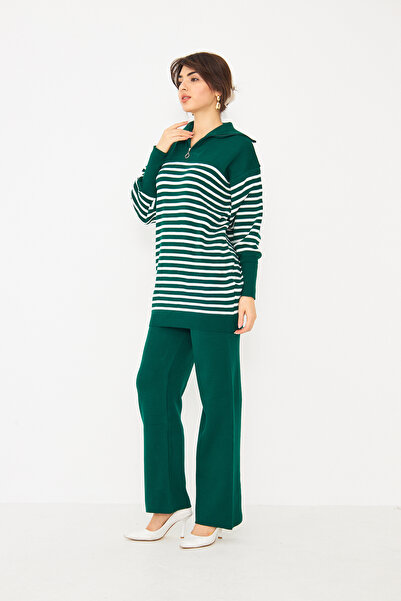 brako tekstil Women's Shirt Collar Zippered Striped Knitwear Set