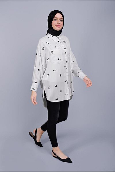 TRENDTESETTÜR Women's Ecru Number Printed Buttoned Tunic 50112