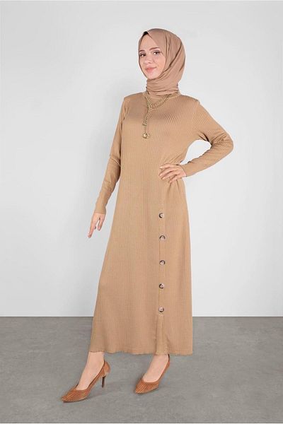 TRENDTESETTÜR Γυναικείο Πλεκτό Φόρεμα με Καφέ (CAMEL) Κουμπί 41032