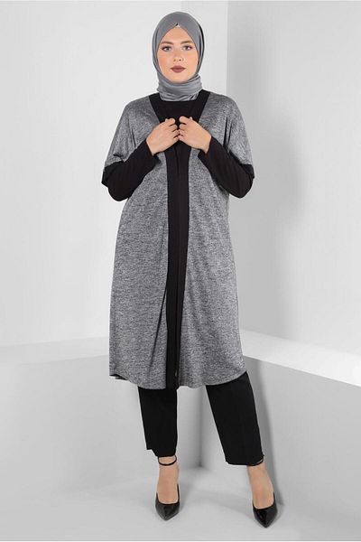 TRENDTESETTÜR Women's Gray Stripe Detailed Double Vest Tunic T 2851