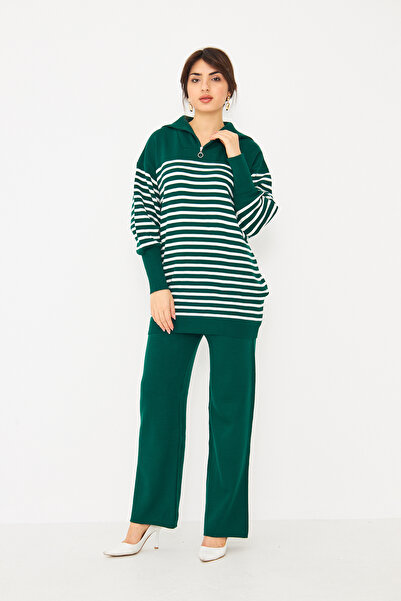 brako tekstil Women's Shirt Collar Zippered Striped Knitwear Set