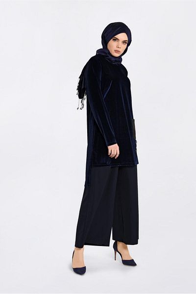 TRENDTESETTÜR Women's Navy Blue Sequined Velvet Tunic 2850
