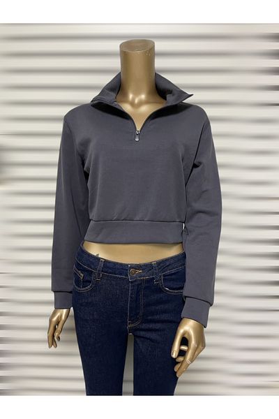 SEMİZ GİYİM Semiz Giyim Polo Neck Half Zip Short Sweatshirt
