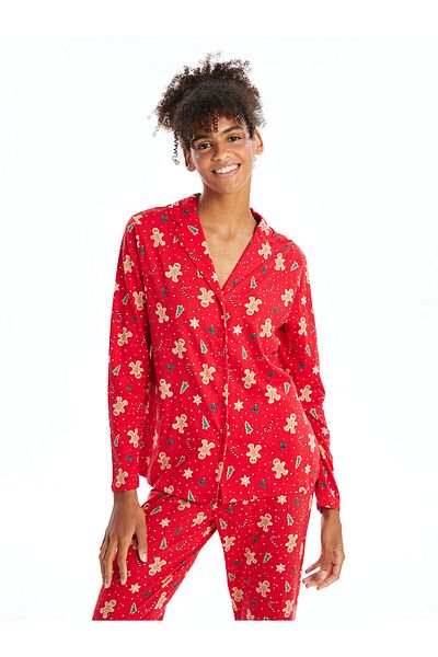 LC Waikiki Set de pijamale pentru femei LCW DREAM, guler roșu de cămașă, cu tematică de Anul Nou