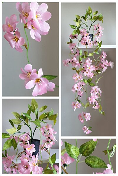 Ekozi Home Saksıda Yapay Çiçekli Sarkan Bitki Doğal Görünümlü 5 Dal 100 Cm