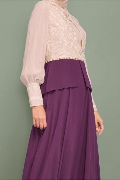 TRENDTESETTÜR Γυναικείο Μωβ (K.MOR) Βραδινό φόρεμα σιφόν με μαργαριτάρι και λεπτομέρεια κεντήματος 5954