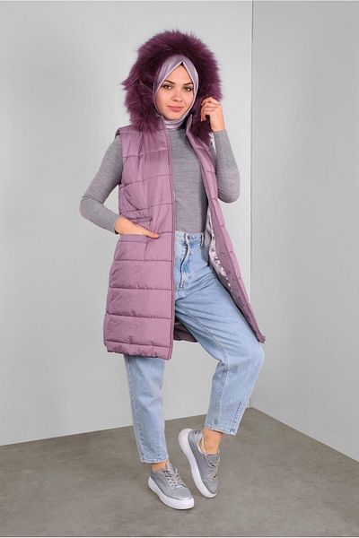 TRENDTESETTÜR Women's Pink (ROSE) Hooded Puffer Vest with Pocket Detail 90146
