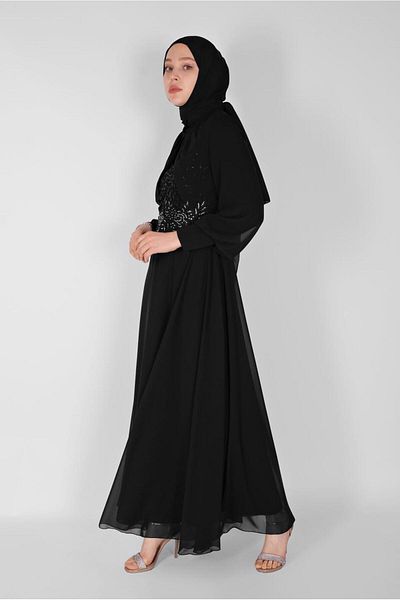 TRENDTESETTÜR Women's Black Sequin Embroidered Chiffon Evening Dress 58725
