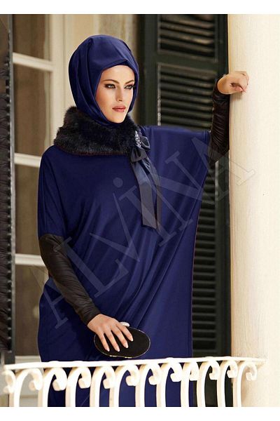 TRENDTESETTÜR Γυναικείο φόρεμα Navy Blue (INDIGO) με δερμάτινη λεπτομέρεια γούνας 4389