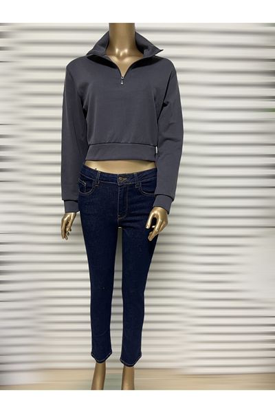 SEMİZ GİYİM Semiz Giyim Polo Neck Half Zip Short Sweatshirt